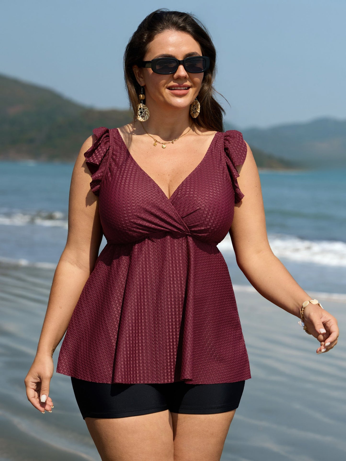 Textured Flutter Sleeve Surplice Swim Top