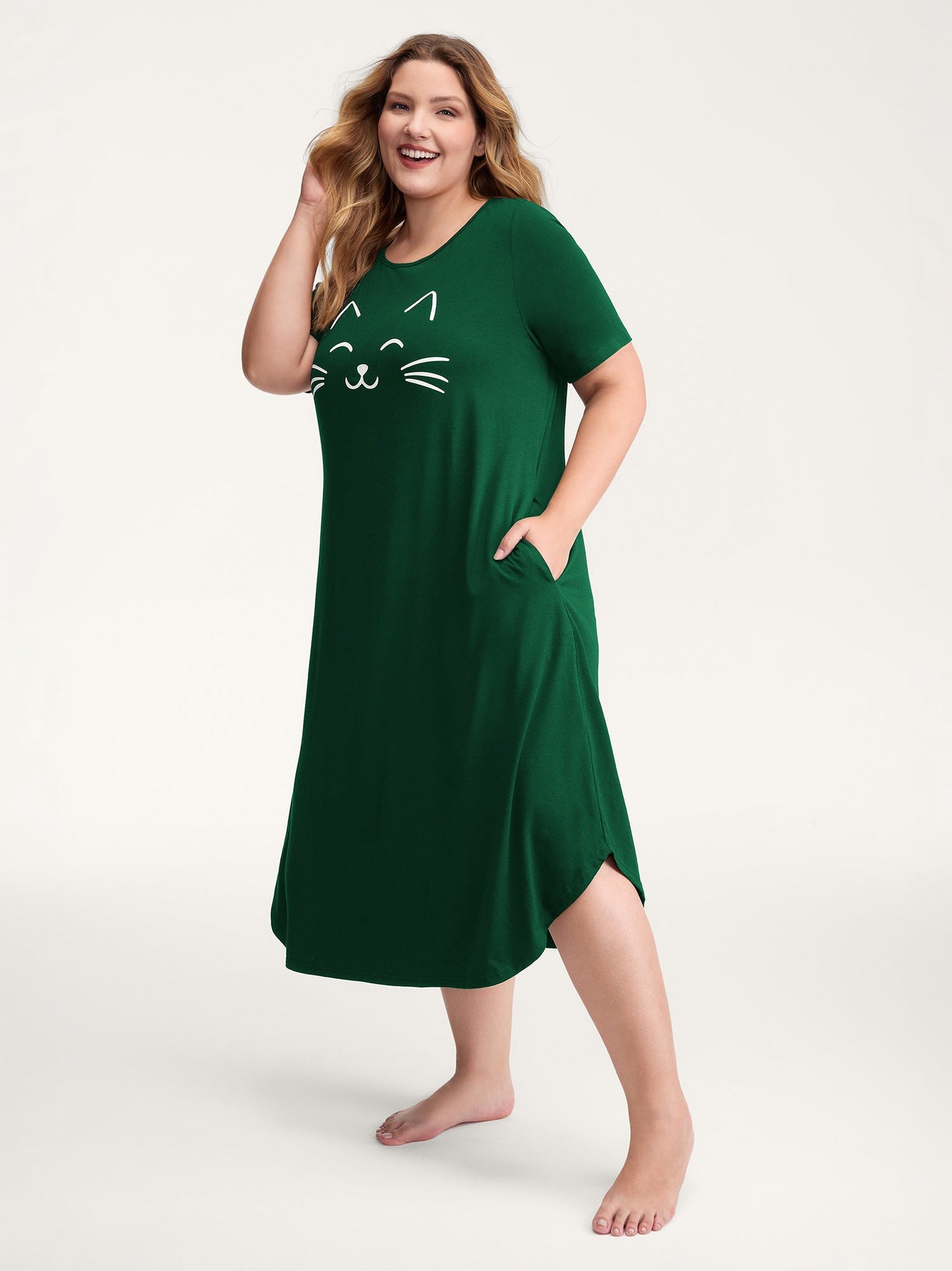 Happy Cat Print Stretchy Contrast Nightgown