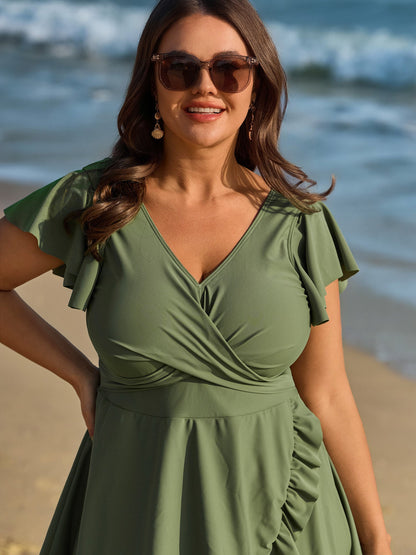 Ruffled Sleeve Curvy Hem Swim Dress