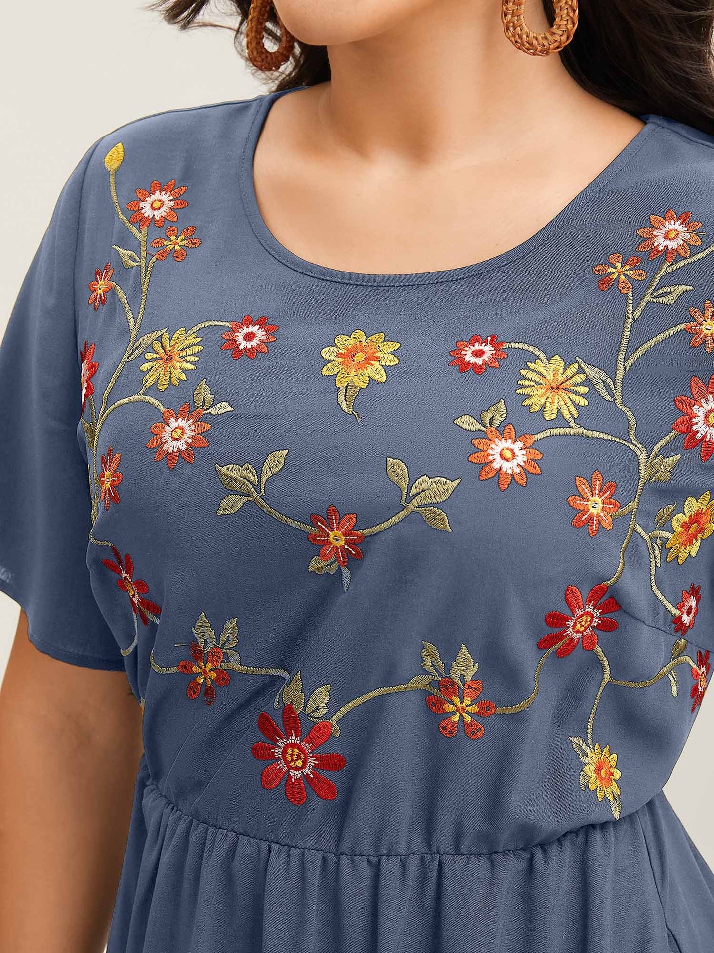 Floral Embroidered Waist-Cinched Midi Dress