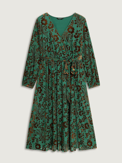 Laser-Cut Velvet Waist-Tie Maxi Dress