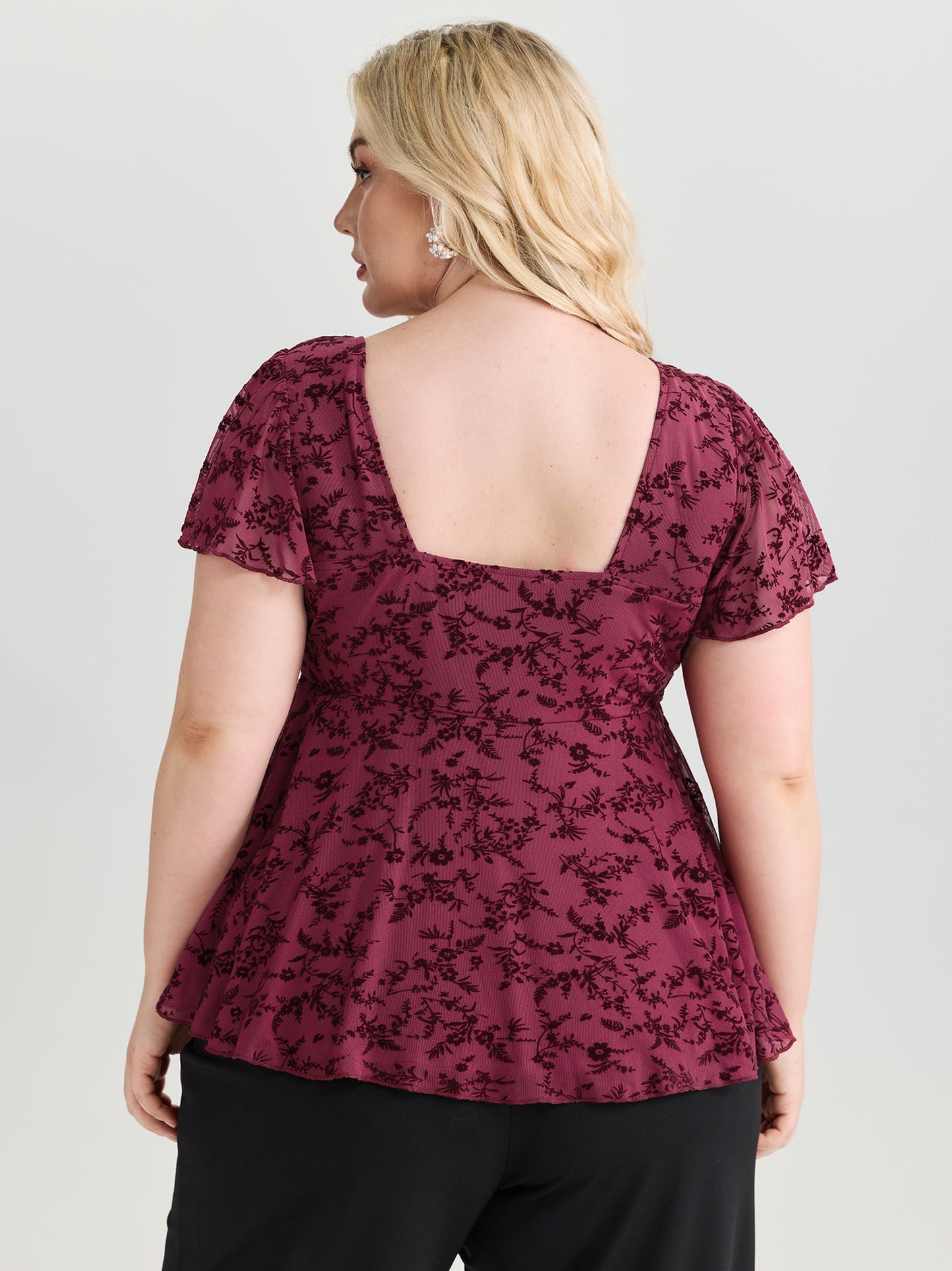 Floral Flocked Mesh Knotted Front Top