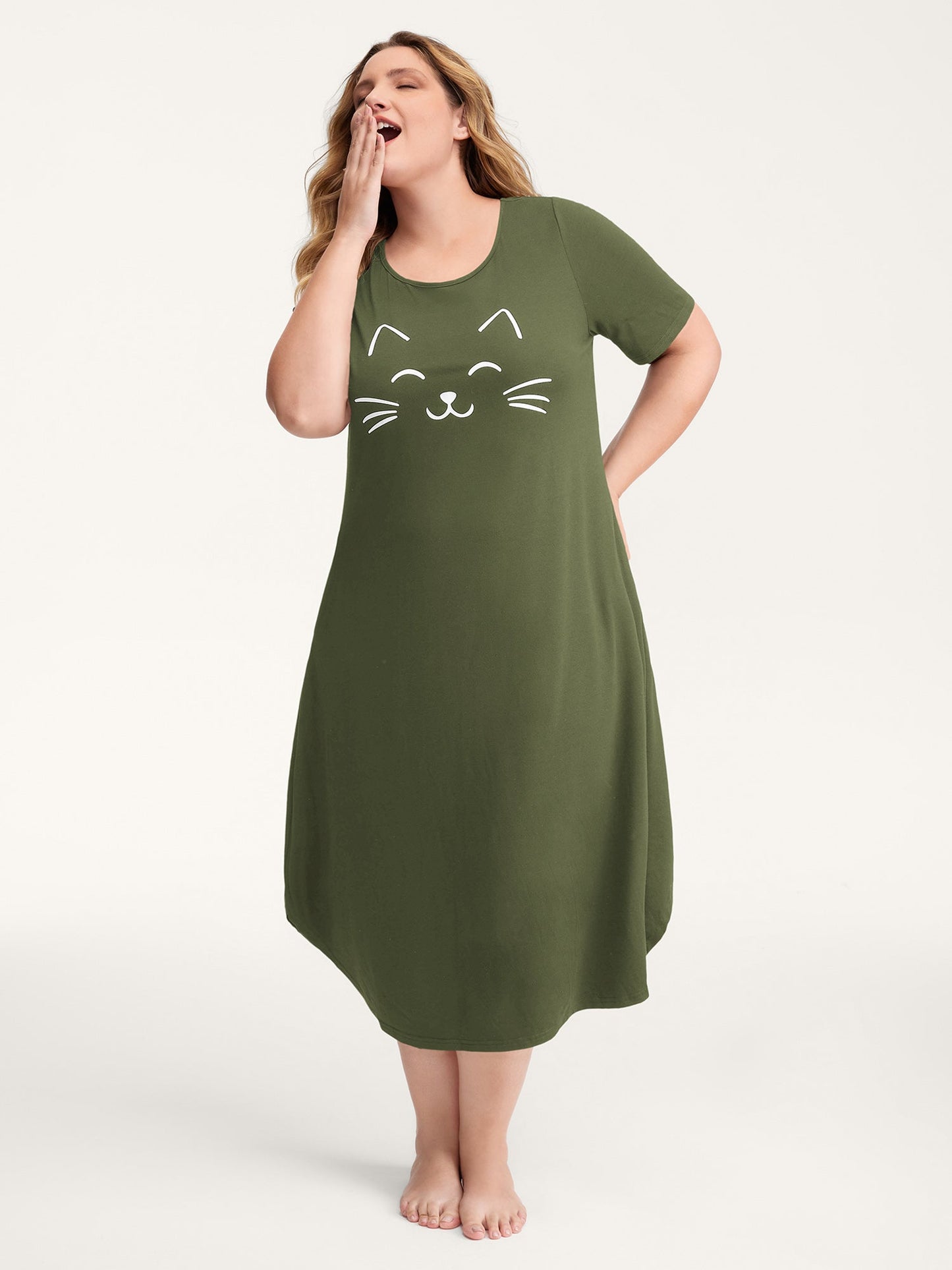 Happy Cat Print Stretchy Contrast Nightgown