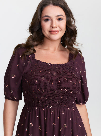 plus size Micro Floral Shirred Bodice Midi Dress