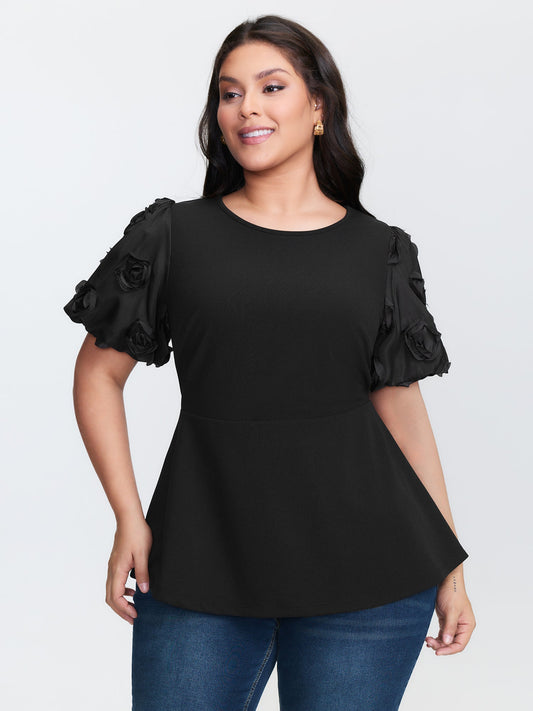 3D Textured Sleeve Cinched-Waist T-Shirt