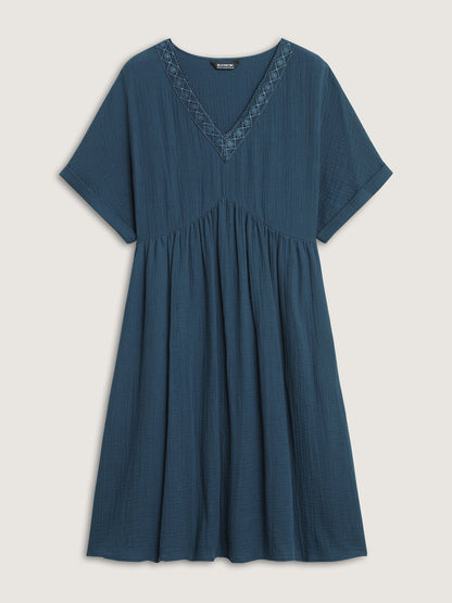 Pure Cotton Lace V-Neck Solid Mini Dress