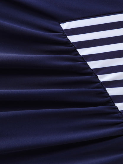 Striped Shrink Pleat Tummy-Control One-Piece Swimsuit