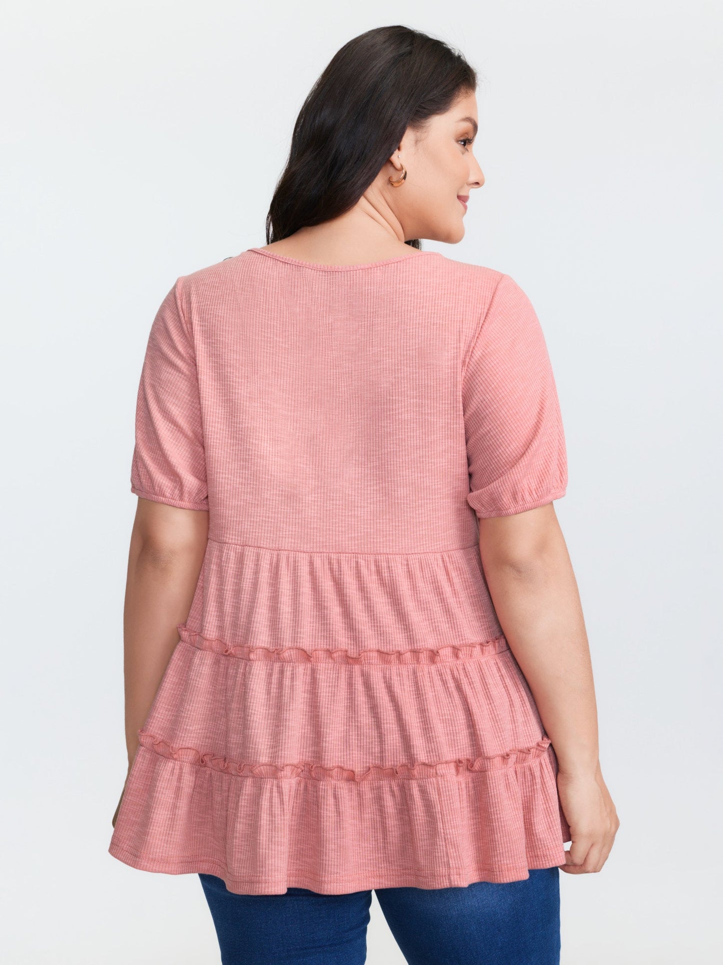Stretchy Ruffled Neckline Tiered Knit Top