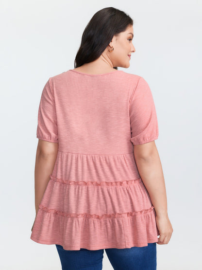 Stretchy Ruffled Neckline Tiered Knit Top