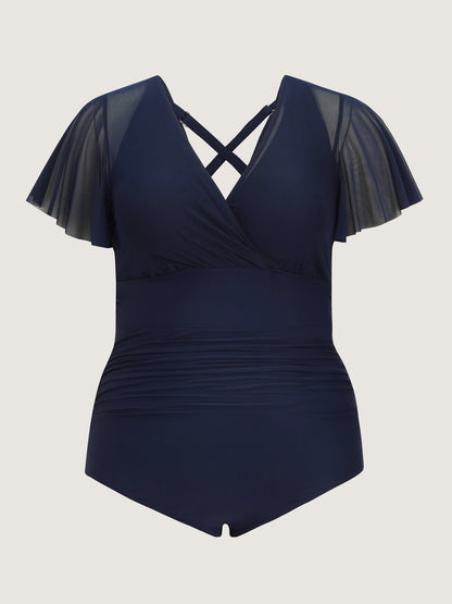 Sheer Sleeve Tassel Hem One-Piece Swimsuit