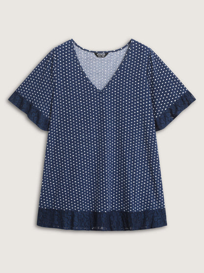 Polka Dots Print Lace Trim Knit Top