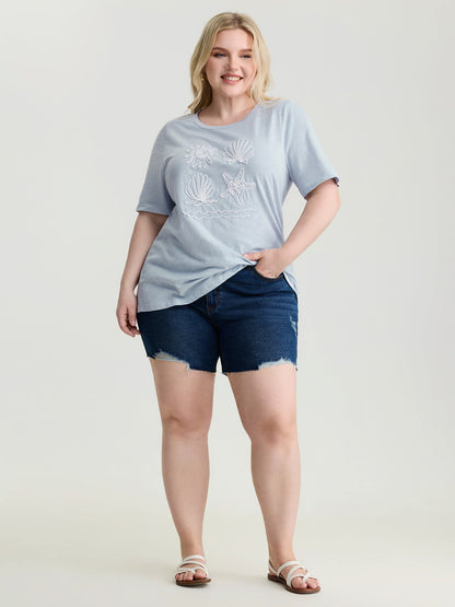 Pure Cotton Ocean Embroidered Stretchy T-Shirt
