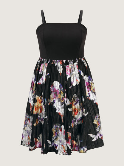 Floral Pleated Detachable Straps Contrast Mini Dress