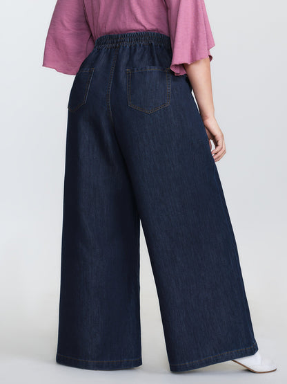 Cotton Stretchy Waist Drawstring Wide-Leg Jeans
