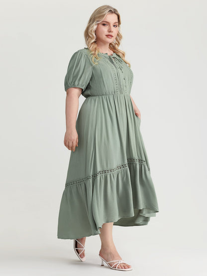 Lace Trim Drawstring Neckline Plain Midi Dress