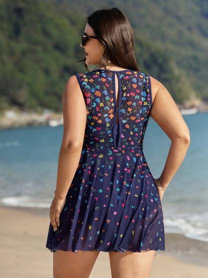 Multi-Color Print Sheer Swim Dress