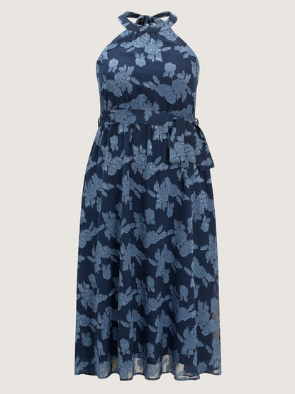 Chiffon Jacquard Halter Neck-Tie Maxi Dress