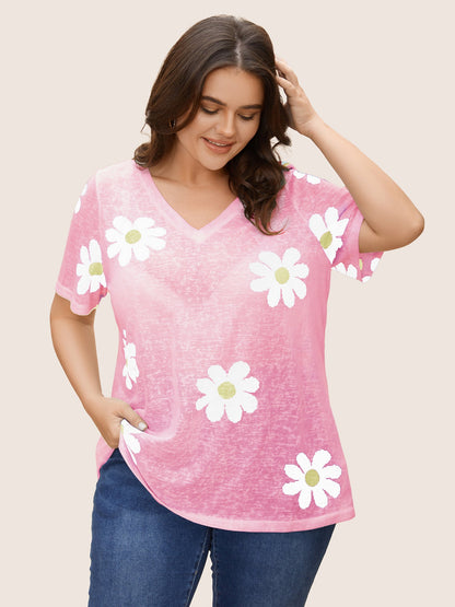 Colored Floral V Neck See Through T-Shirt