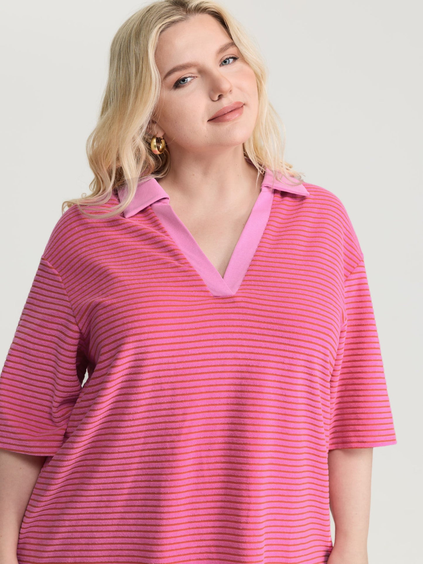 Striped Color Contrast Collar Terry Cloth Two-Piece Set