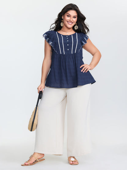 Embroidered Neckline Ruffled Sleeve Blouse