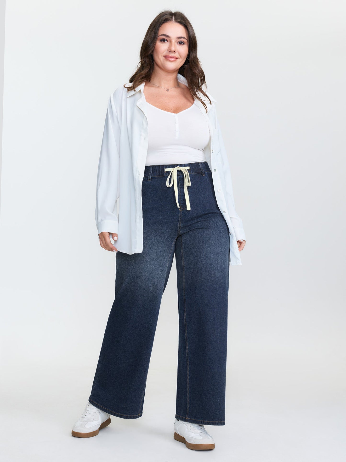 Drawstring Waist Stretchy Wide-Leg Jeans