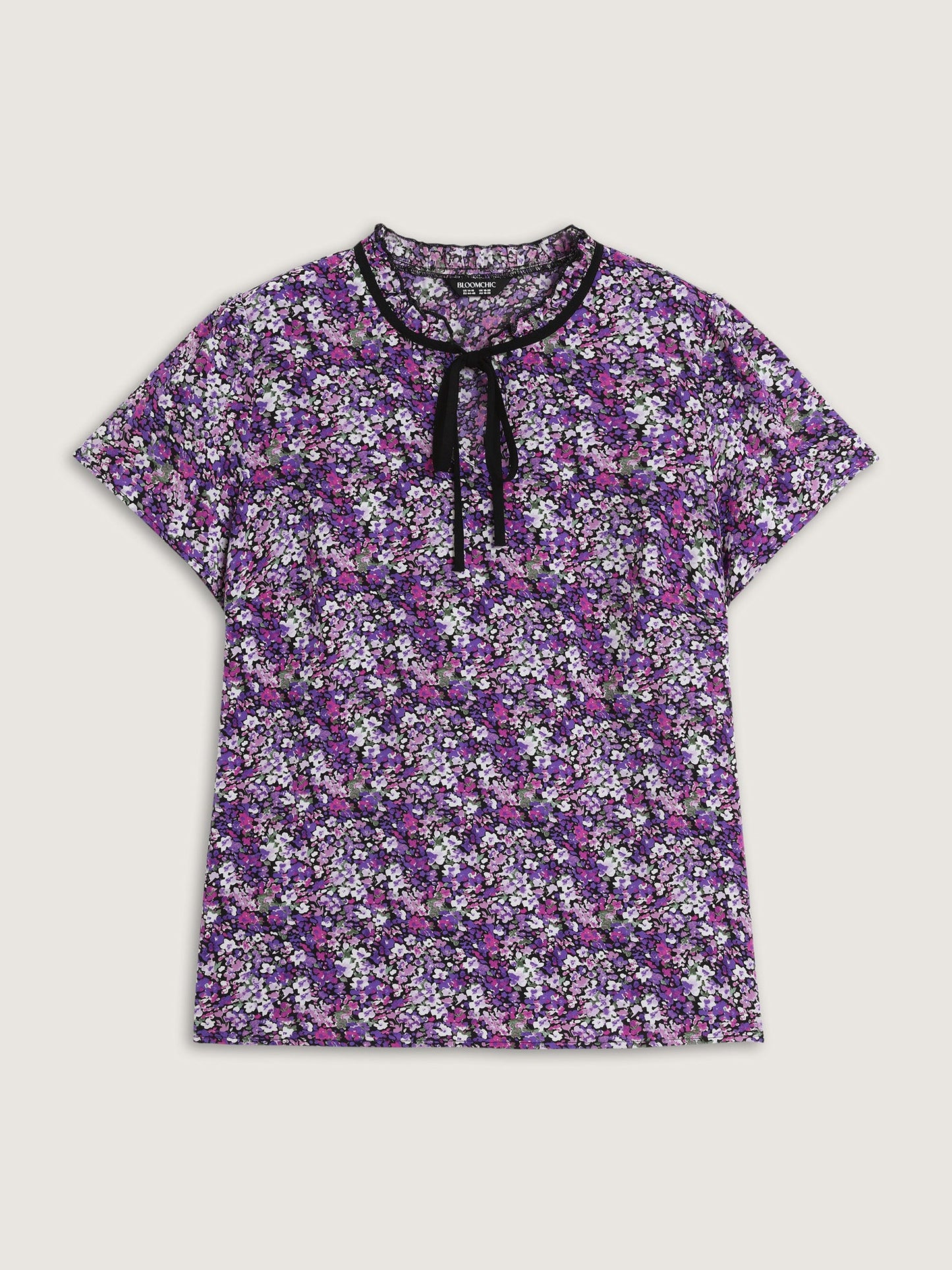 Dense Floral Print Ruffled Mock Neck Blouse