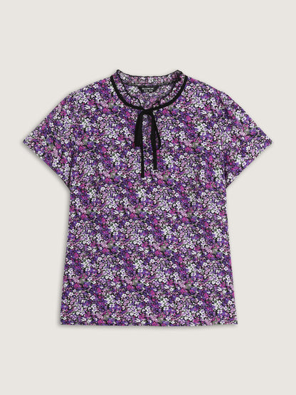 Dense Floral Print Ruffled Mock Neck Blouse