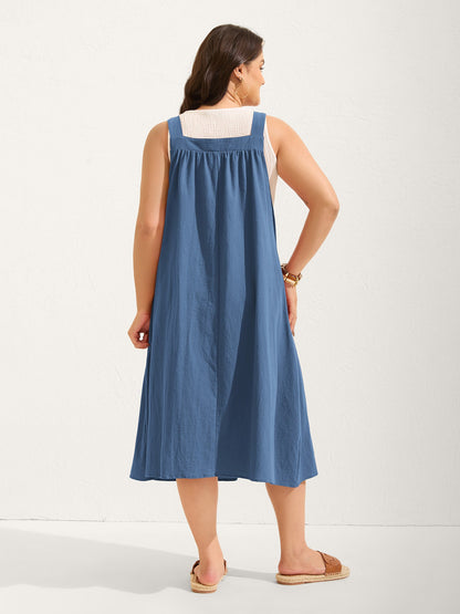 plus size Pure Cotton Pleated Pockets Midi Dress