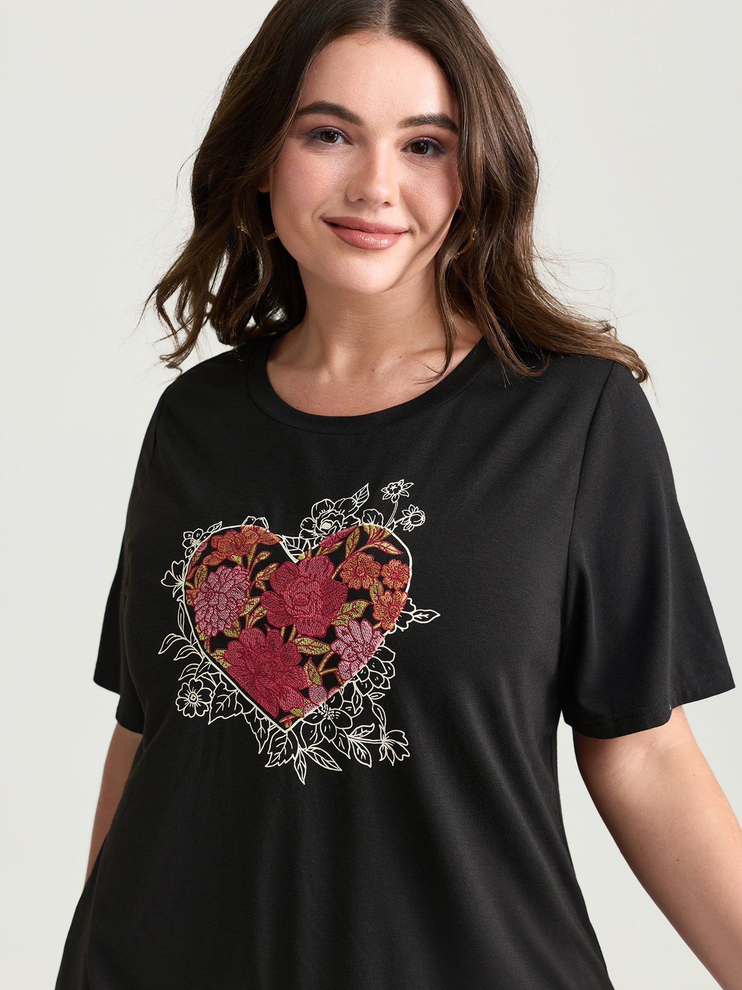 Floral Heart Plain Stretchy T-Shirt