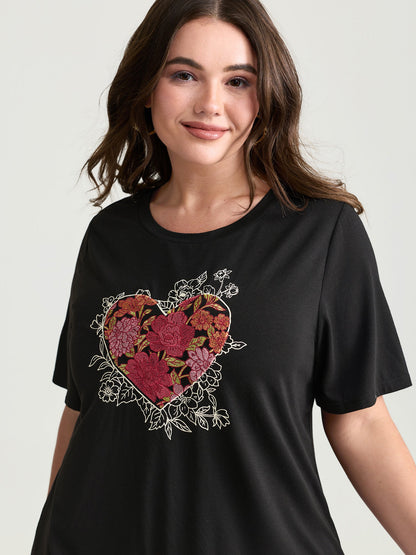 Floral Heart Plain Stretchy T-Shirt
