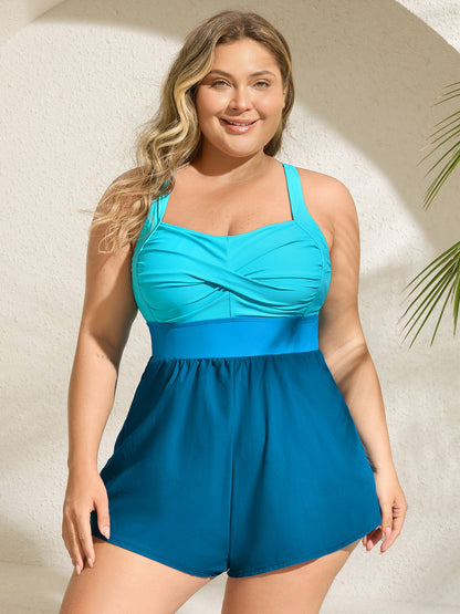 Patchwork Contrast Crossover One Piece Swimsuit