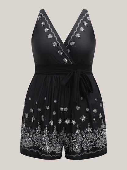 Boho Print Pockets Belted One-Piece Swimsuit