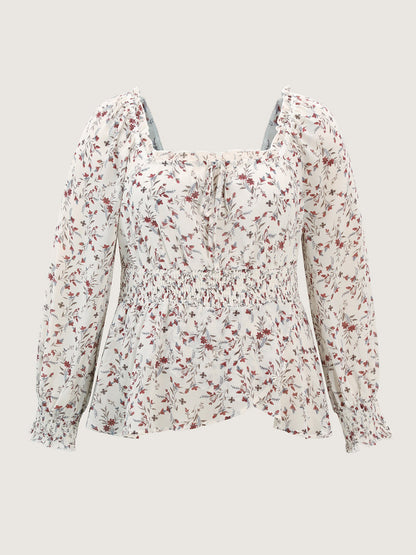 Floral Drawstring Neckline Shirred Blouse