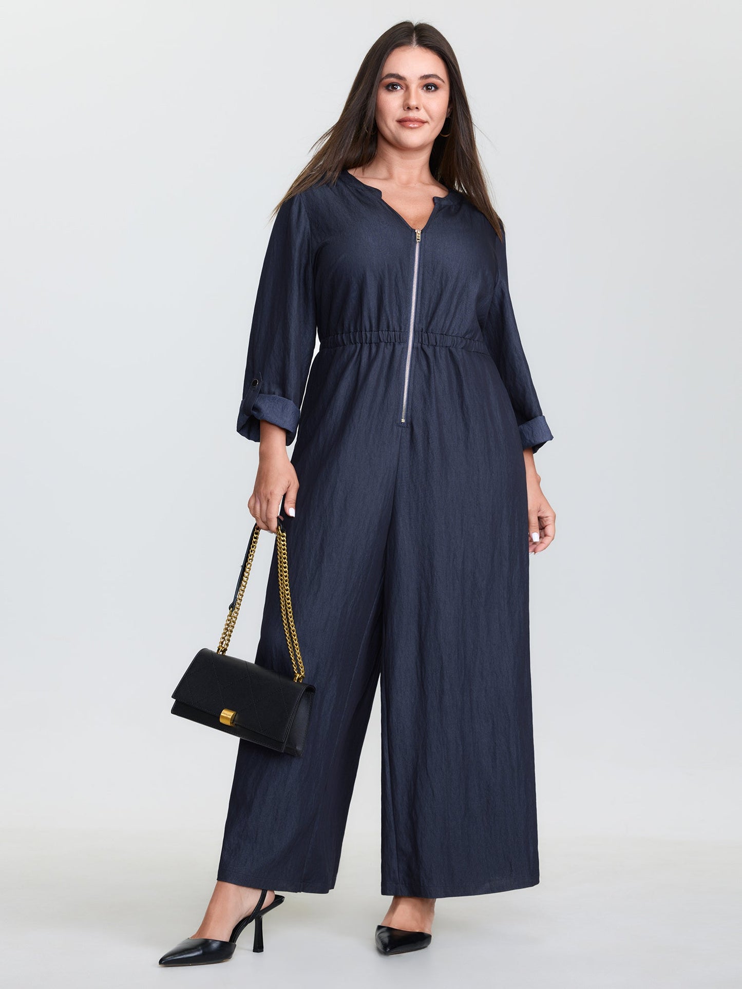 Zipper Front Tab Sleeve Jumpsuit