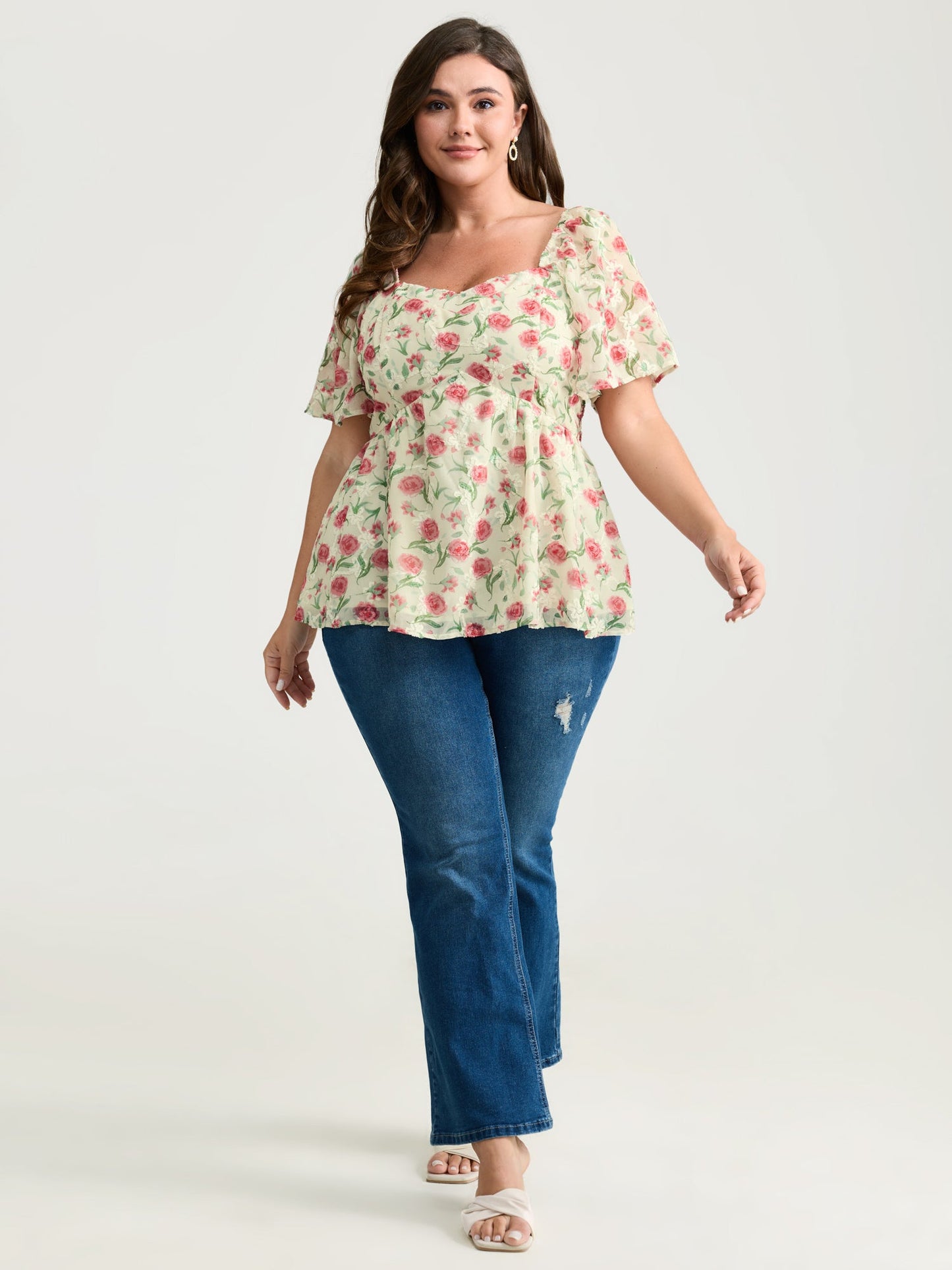 Rosy Floral Print Sweetheart Neckline Shirred Blouse