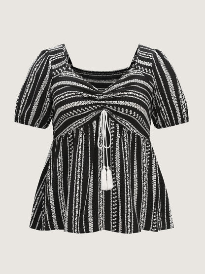 Monochrome Floral Stripe Babydoll Blouse