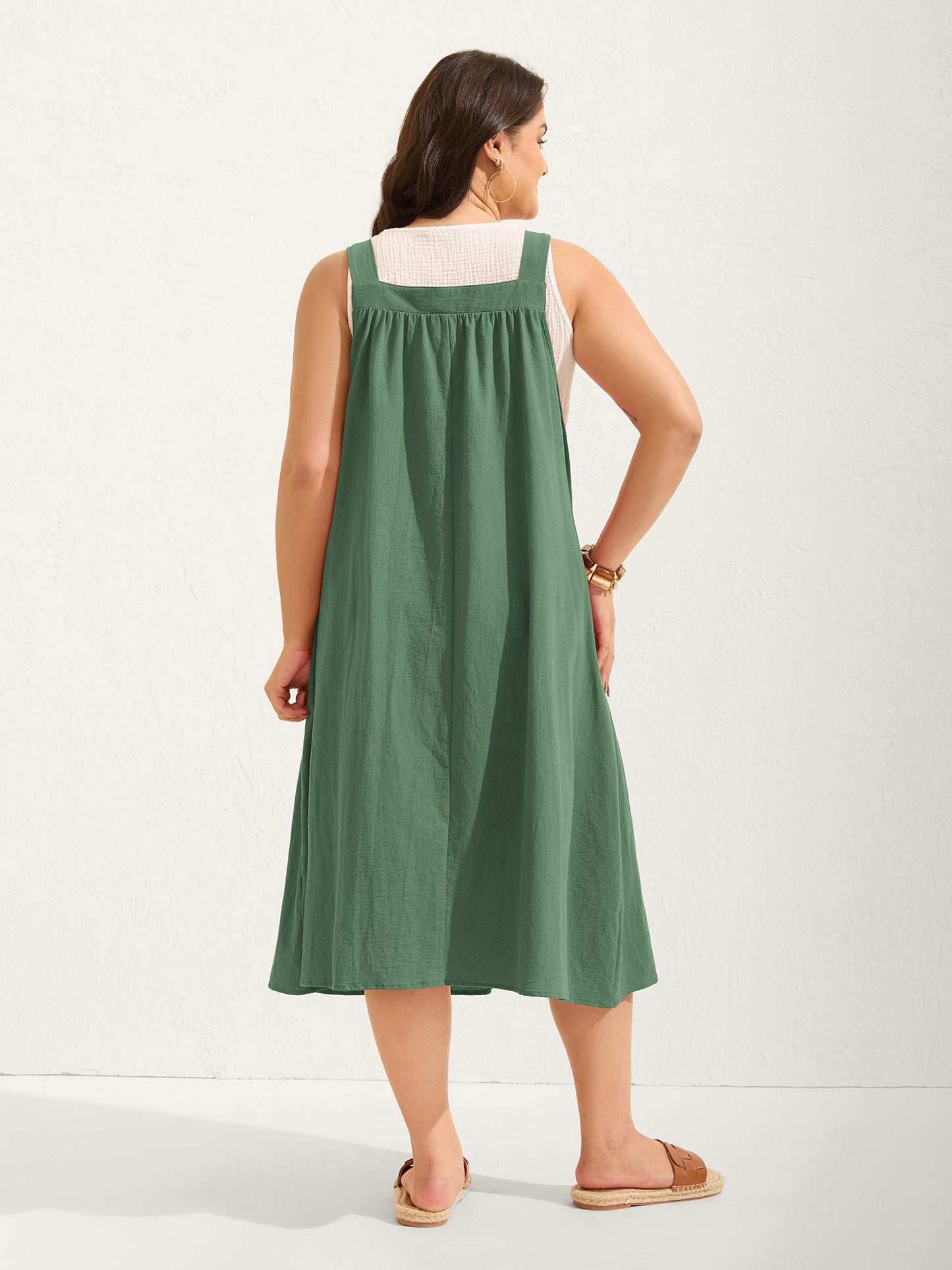 plus size Pure Cotton Pleated Pockets Midi Dress