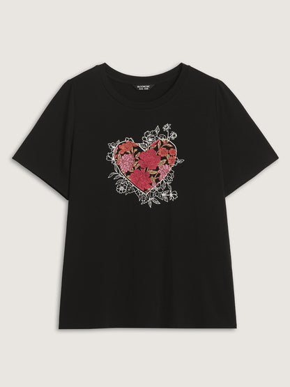 Floral Heart Plain Stretchy T-Shirt