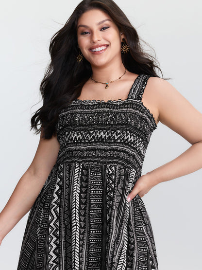 Monochrome Striped Shirred Wide-Straps Midi Dress