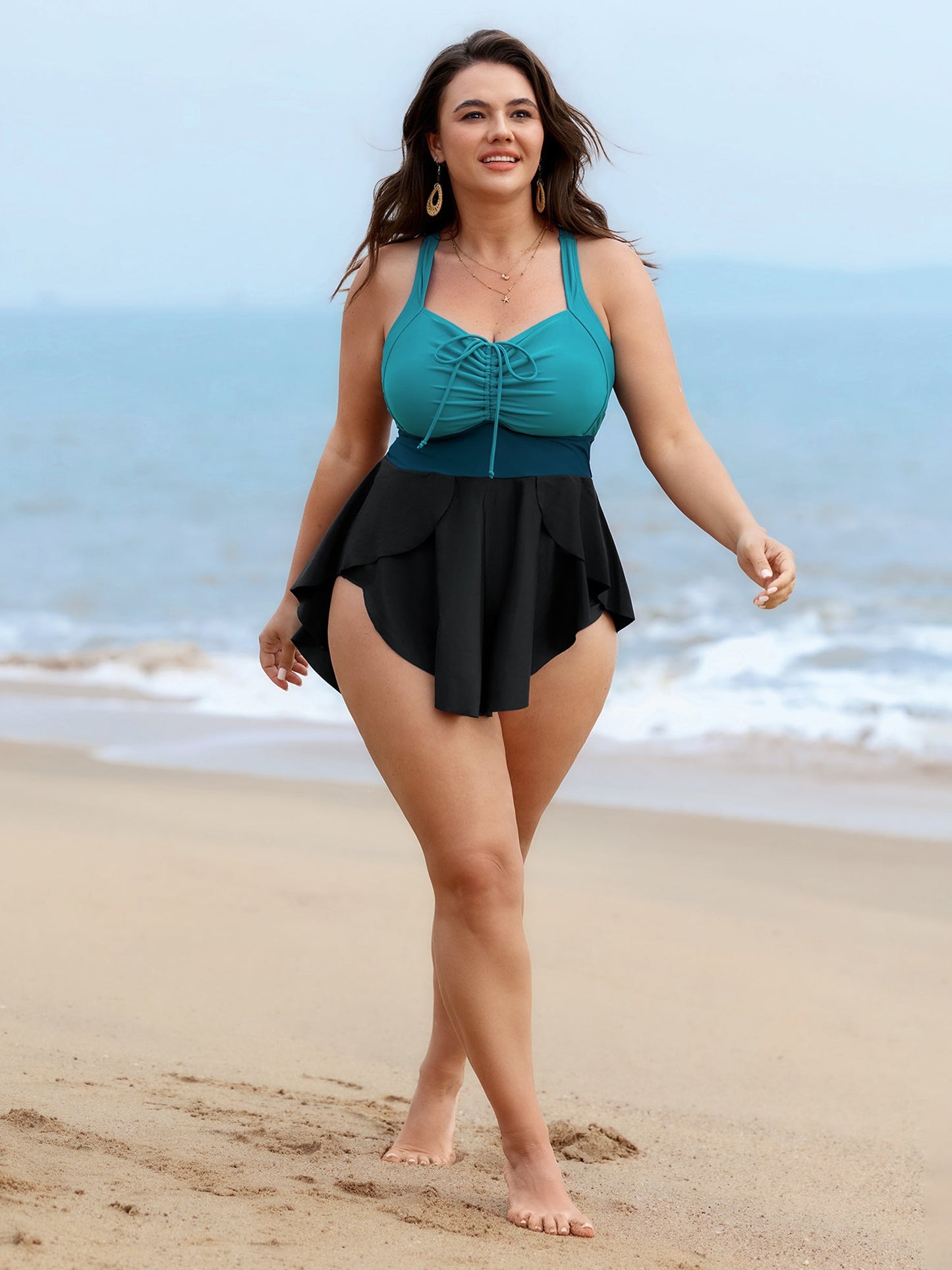 Colorblock Drawstring Adjustable Swim Dress