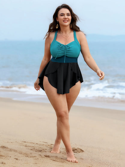Colorblock Drawstring Adjustable Swim Dress