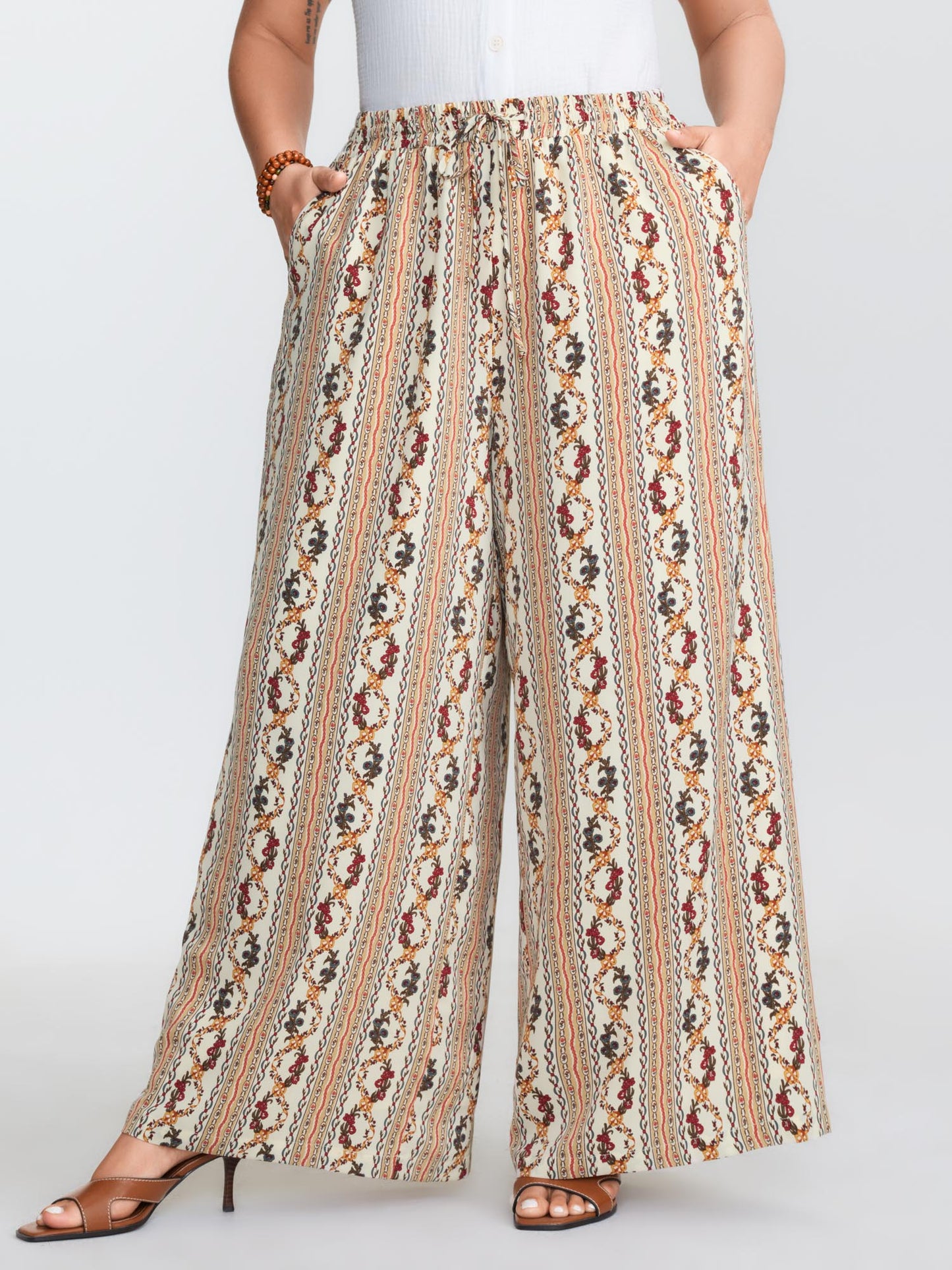 Geometric Stripe Print Pockets Straight-Leg Pants