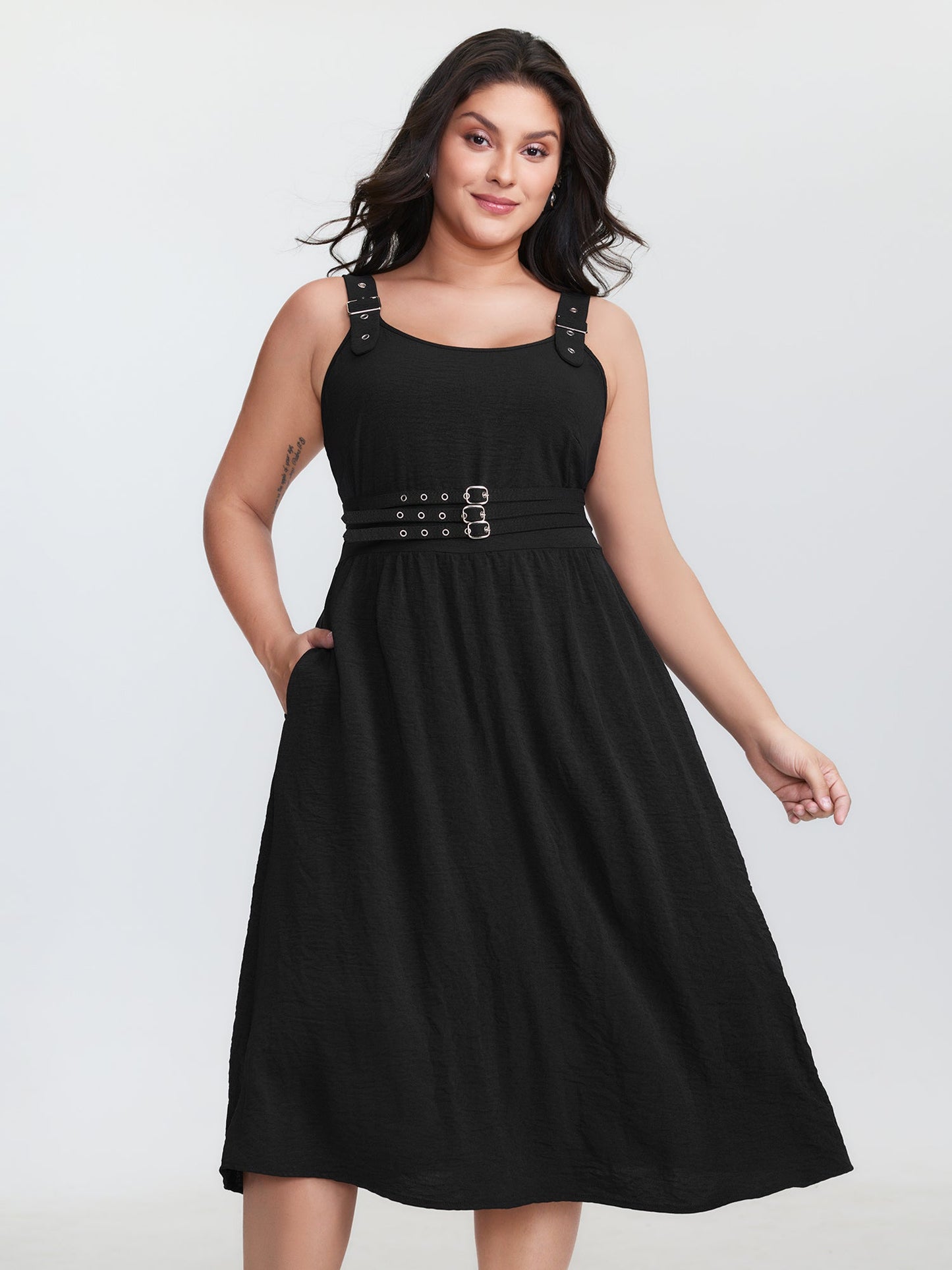 Wide Straps Belted Buckle Detail Midi Dress