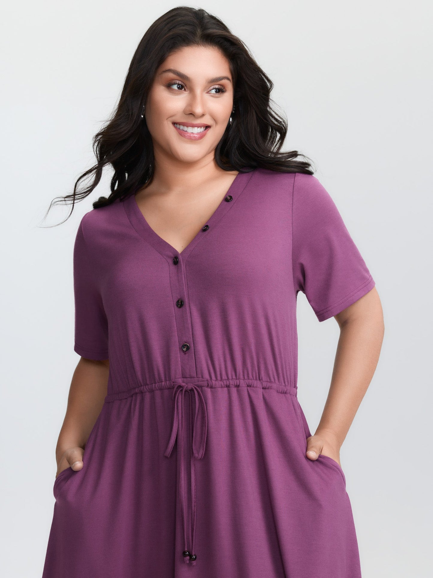 Supersoft Drawstring Waist Button Placket Mini Dress