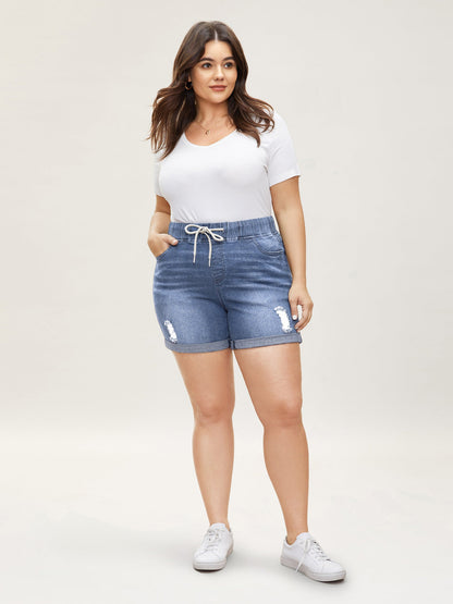 plus size  Pull-On Drawstring Elastic Waist Denim Shorts