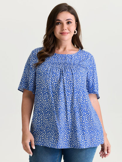 Floral Ruffle Sleeve Gathered Round Neck Blouse