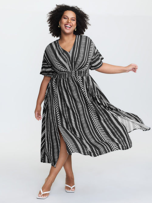 plus size Solid Geometric Dolman Sleeve Pocket Shirred Split Hem Dress