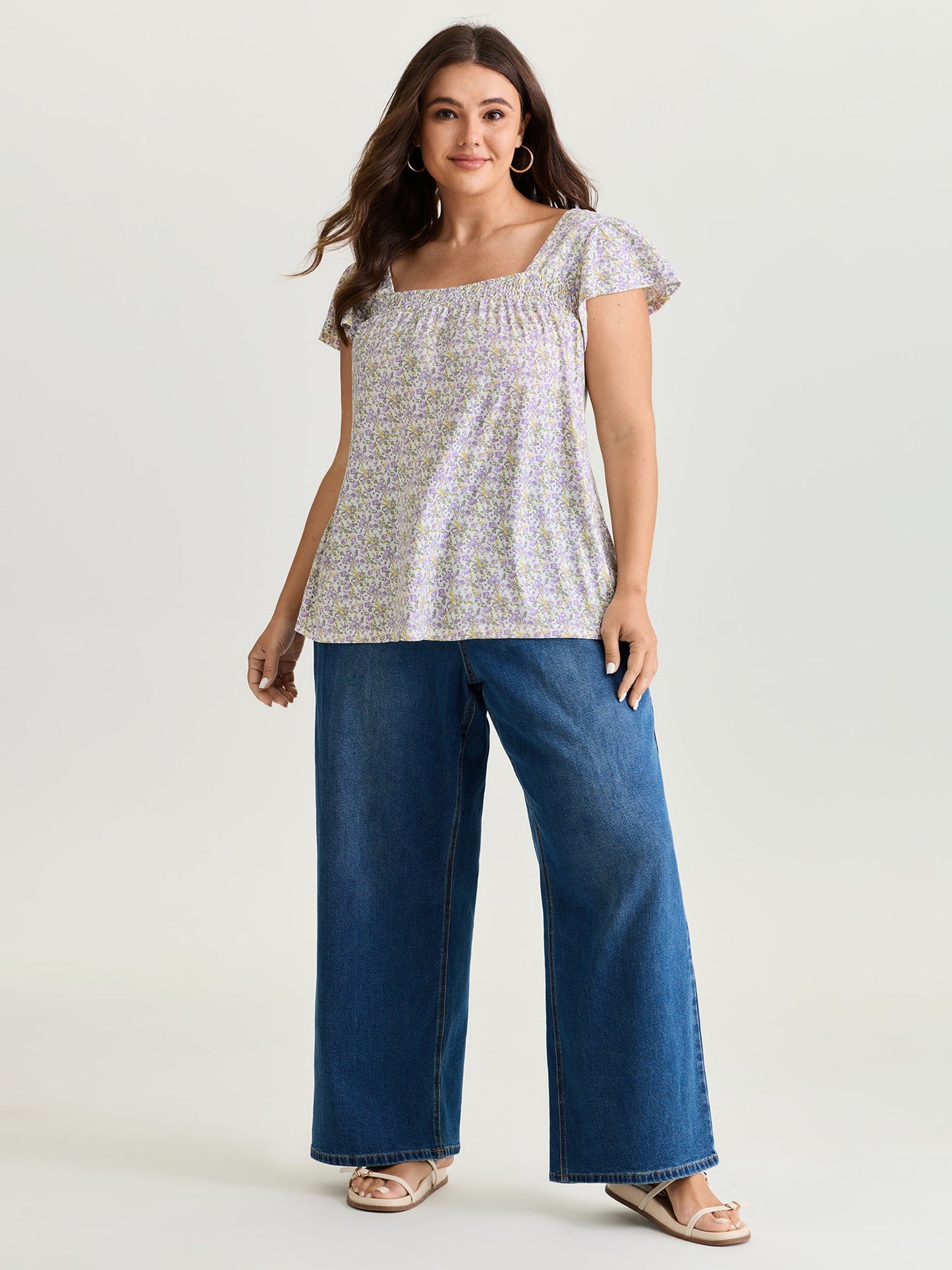 Micro Floral Print Shirred Neckline Knit Top