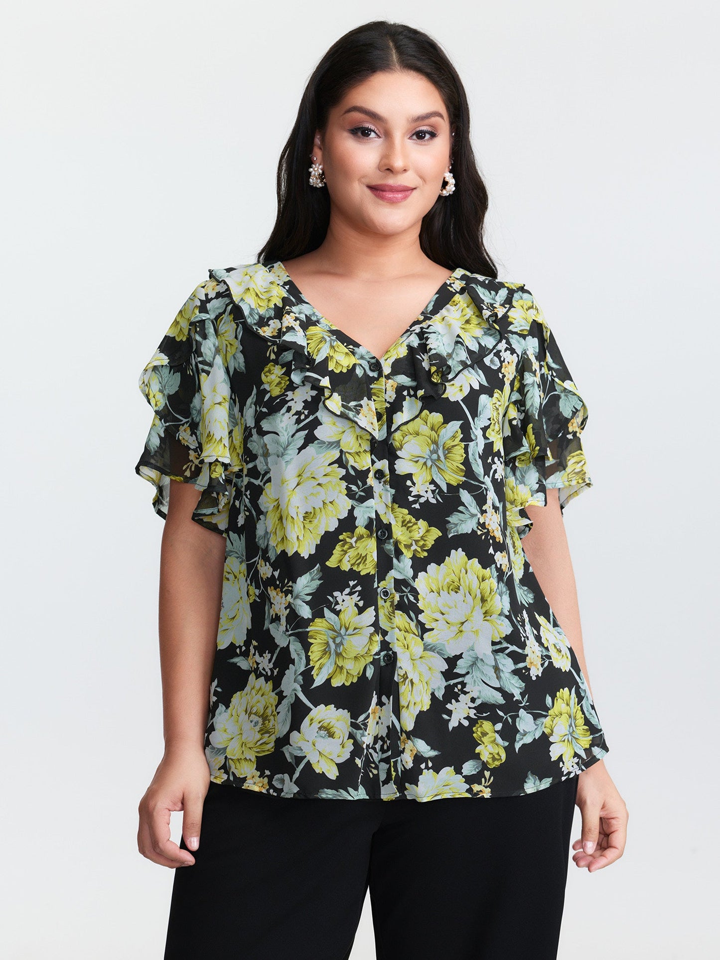 Floral Print Ruffled Edges Blouse