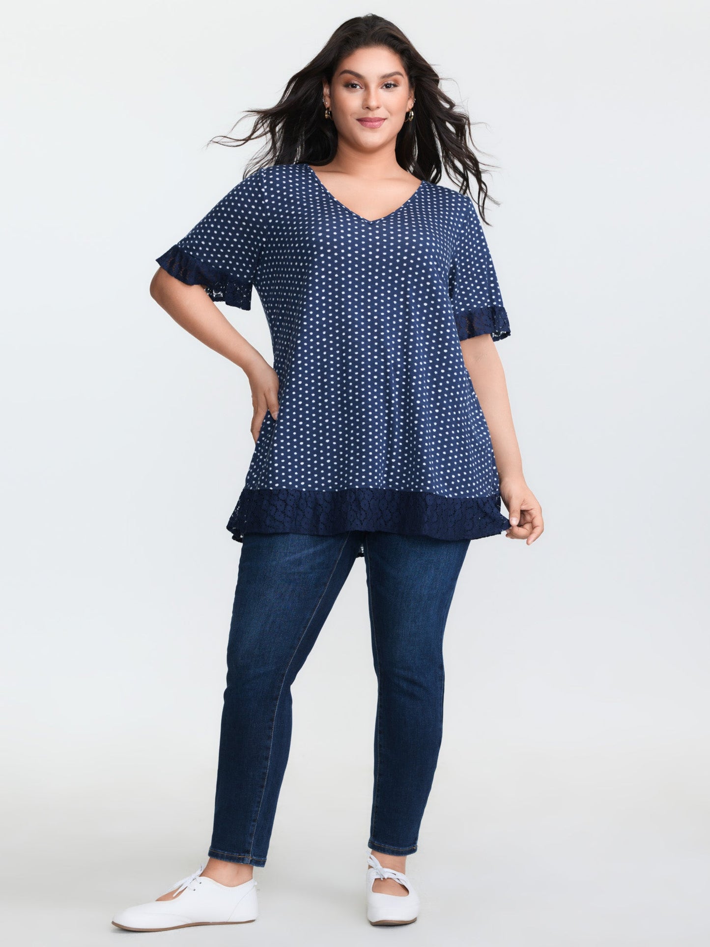 Polka Dots Print Lace Trim Knit Top